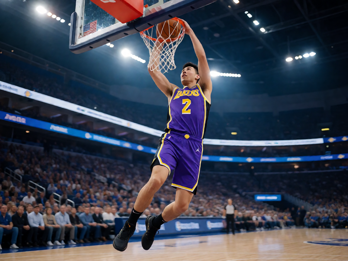 NBA湖人队比赛现场，球员精彩扣篮瞬间