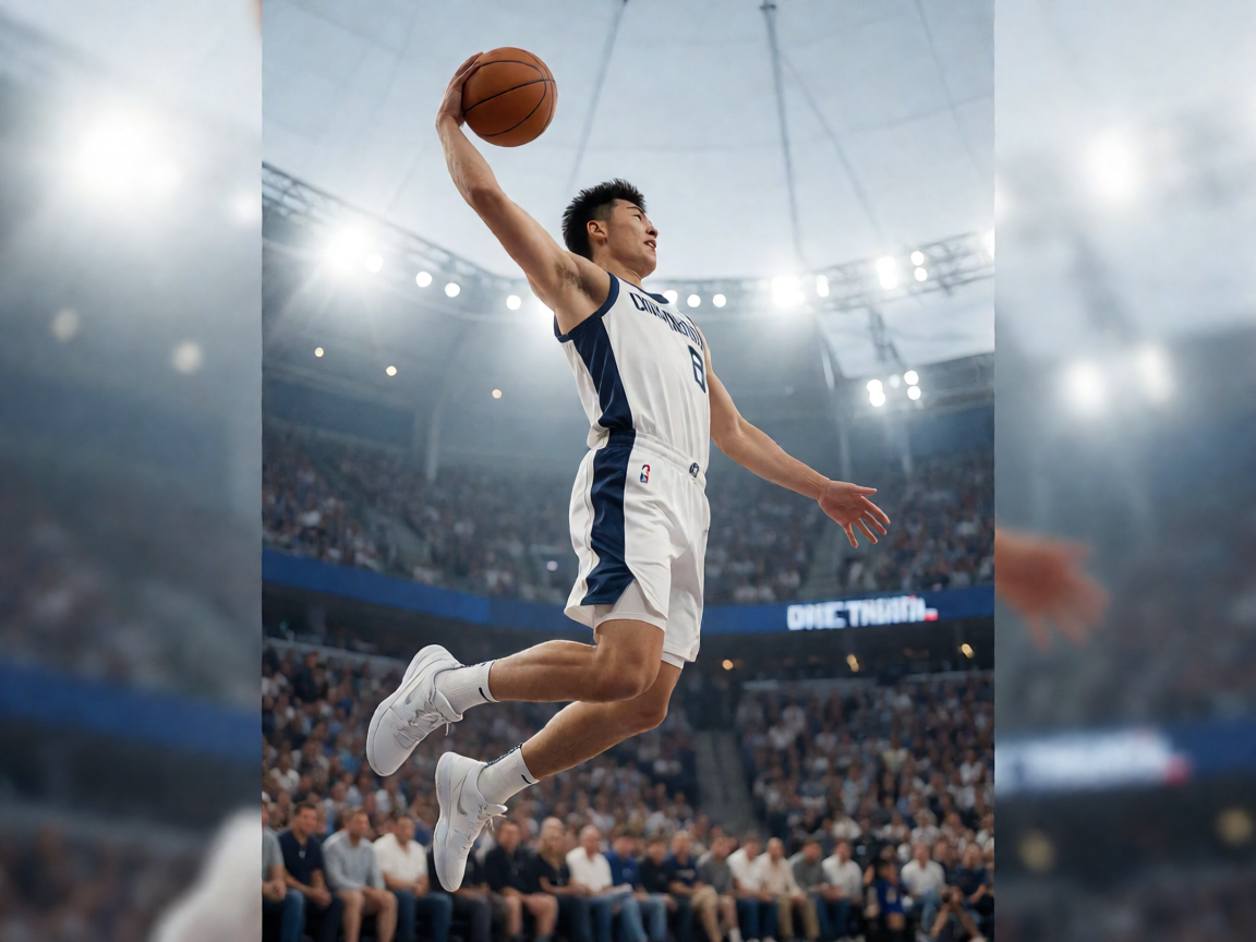 篮球NBA比赛精彩瞬间，球员空中扣篮的画面